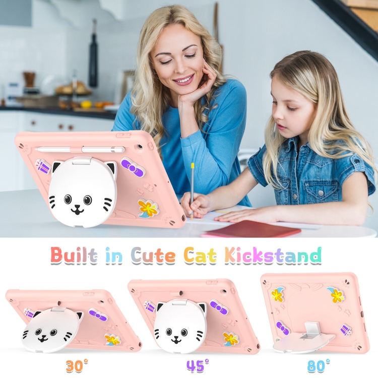 For iPad 10.2 2021 / 2020 / 2019 Cat Holder Silicone Hybrid PC Tablet Case with Strap(Rose Pink) For iPad 10.2 2021 / 2020 / 2019 Cat Holder Silicone Hybrid PC Tablet Case with Strap(Rose Pink)