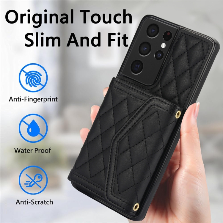 For Samsung Galaxy S21 Ultra 5G Splicing Rhombic Texture Card Bag Phone Case with Long Lanyard(Black) For Samsung Galaxy S21 Ultra 5G Splicing Rhombic Texture Card Bag Phone Case with Long Lanyard(Black)