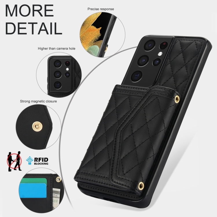 For Samsung Galaxy S21 Ultra 5G Splicing Rhombic Texture Card Bag Phone Case with Long Lanyard(Black) For Samsung Galaxy S21 Ultra 5G Splicing Rhombic Texture Card Bag Phone Case with Long Lanyard(Black)