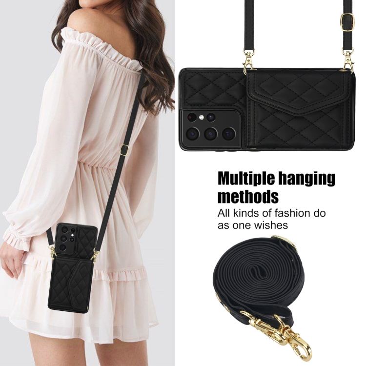 For Samsung Galaxy S21 Ultra 5G Splicing Rhombic Texture Card Bag Phone Case with Long Lanyard(Black) For Samsung Galaxy S21 Ultra 5G Splicing Rhombic Texture Card Bag Phone Case with Long Lanyard(Black)