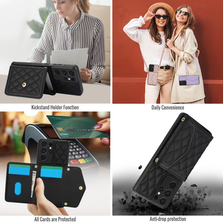 For Samsung Galaxy S21 Ultra 5G Splicing Rhombic Texture Card Bag Phone Case with Long Lanyard(Black) For Samsung Galaxy S21 Ultra 5G Splicing Rhombic Texture Card Bag Phone Case with Long Lanyard(Black)