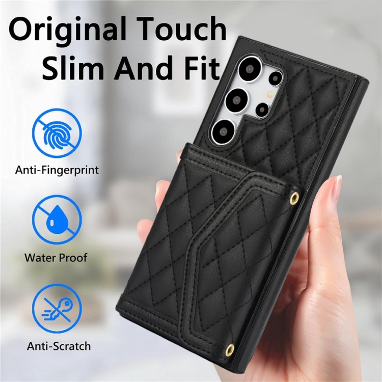 For Samsung Galaxy S24 Ultra 5G Splicing Rhombic Texture Card Bag Phone Case with Long Lanyard(Black) For Samsung Galaxy S24 Ultra 5G Splicing Rhombic Texture Card Bag Phone Case with Long Lanyard(Black)