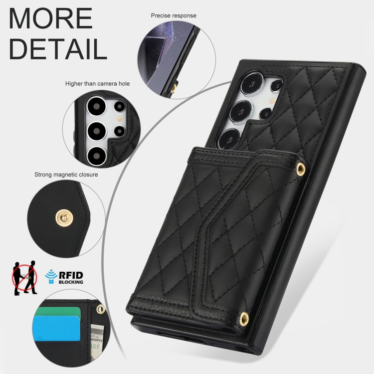 For Samsung Galaxy S24 Ultra 5G Splicing Rhombic Texture Card Bag Phone Case with Long Lanyard(Black) For Samsung Galaxy S24 Ultra 5G Splicing Rhombic Texture Card Bag Phone Case with Long Lanyard(Black)