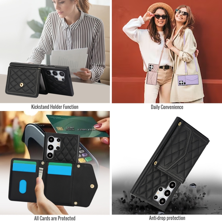 For Samsung Galaxy S24 Ultra 5G Splicing Rhombic Texture Card Bag Phone Case with Long Lanyard(Black) For Samsung Galaxy S24 Ultra 5G Splicing Rhombic Texture Card Bag Phone Case with Long Lanyard(Black)