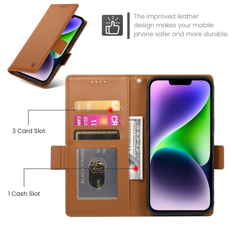For iPhone 14 Plus Side Buckle Magnetic Frosted Leather Phone Case(Brown) For iPhone 14 Plus Side Buckle Magnetic Frosted Leather Phone Case(Brown)