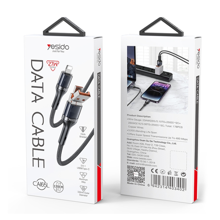 Yesido CA165L 27W USB + USB-C / Type-C to 8 Pin 2 in 1 Fast Charging Data Cable, Length:1.2m(Black) Yesido CA165L 27W USB + USB-C / Type-C to 8 Pin 2 in 1 Fast Charging Data Cable, Length:1.2m(Black)