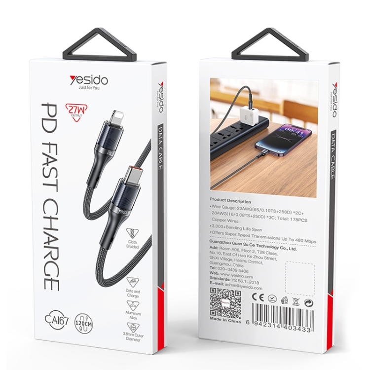 Yesido CA167 PD 27W USB-C / Type-C to 8 Pin Fast Charging Data Cable, Length:1.2m(Black) Yesido CA167 PD 27W USB-C / Type-C to 8 Pin Fast Charging Data Cable, Length:1.2m(Black)