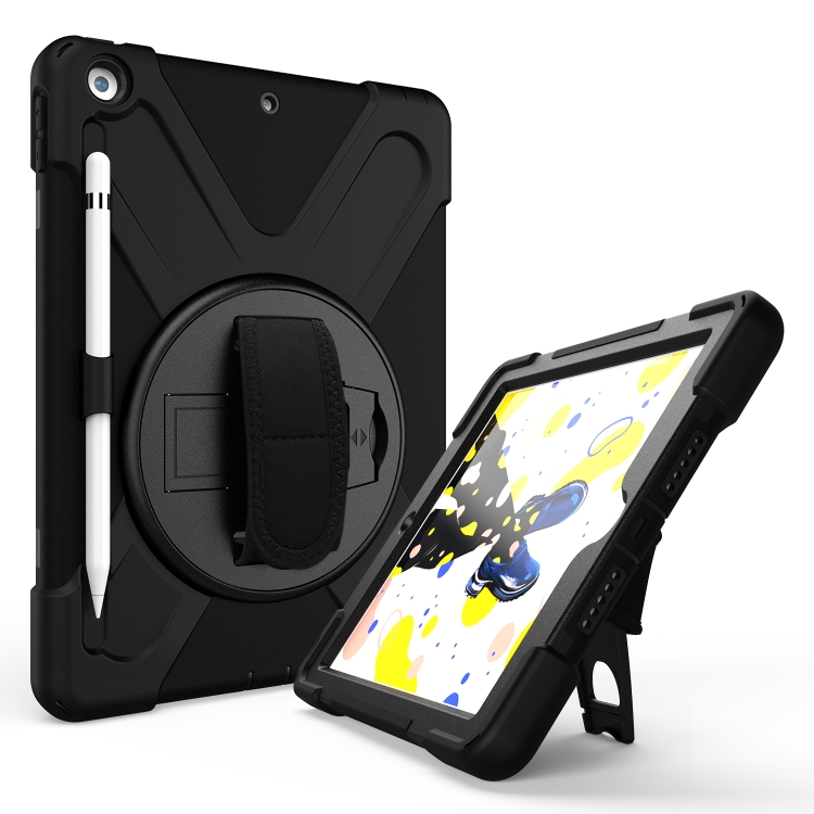 For iPad 10.2 2021 / 2020 / 2019 Shockproof Colorful Silicone + PC Protective Case with Holder & Shoulder Strap & Hand Strap & Pen Slot(Black) - 1