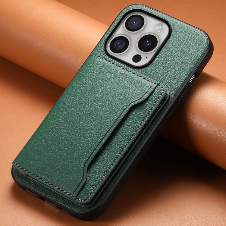 For iPhone 16 Pro Calf Texture Card Bag Design Full Coverage Phone Case(Green) For iPhone 16 Pro Calf Texture Card Bag Design Full Coverage Phone Case(Green)