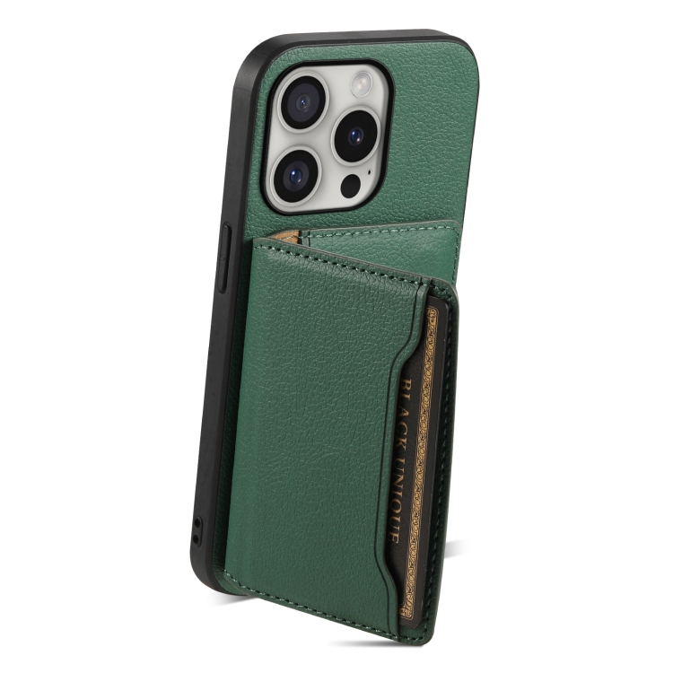 For iPhone 16 Pro Calf Texture Card Bag Design Full Coverage Phone Case(Green) For iPhone 16 Pro Calf Texture Card Bag Design Full Coverage Phone Case(Green)