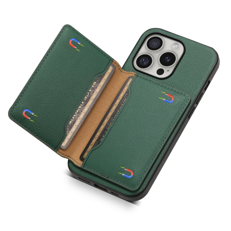 For iPhone 16 Pro Calf Texture Card Bag Design Full Coverage Phone Case(Green) For iPhone 16 Pro Calf Texture Card Bag Design Full Coverage Phone Case(Green)