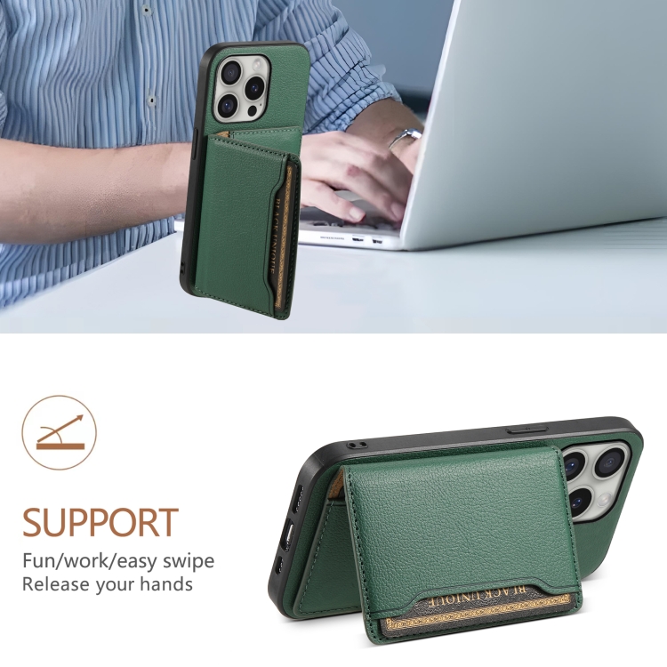 For iPhone 16 Pro Calf Texture Card Bag Design Full Coverage Phone Case(Green) For iPhone 16 Pro Calf Texture Card Bag Design Full Coverage Phone Case(Green)
