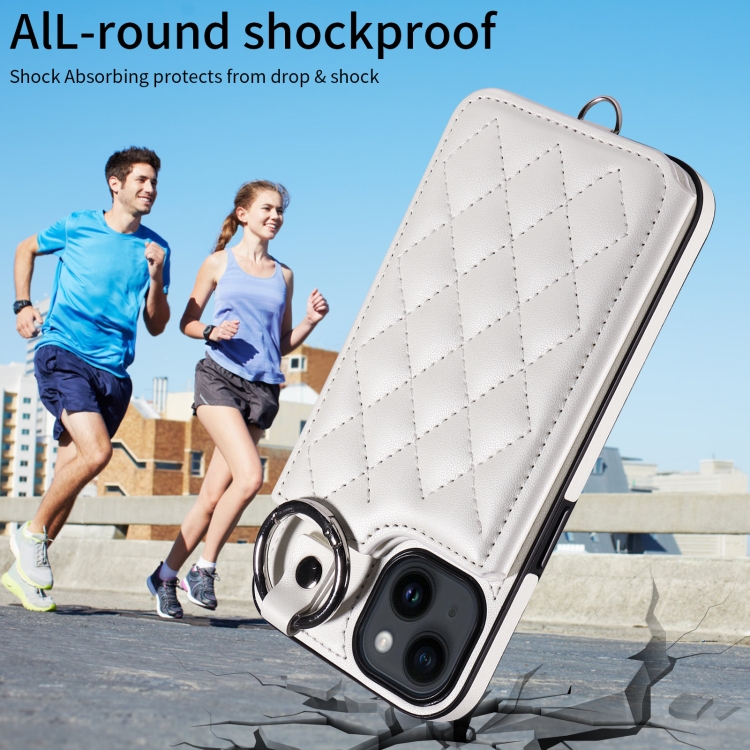 For iPhone 14 Rhombic Texture Card Bag Phone Case with Short Lanyard(White) - 1