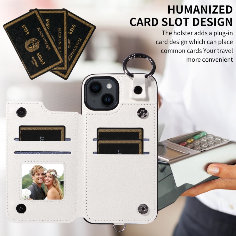 For iPhone 14 Rhombic Texture Card Bag Phone Case with Short Lanyard(White) - 3