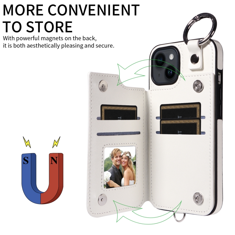 For iPhone 14 Rhombic Texture Card Bag Phone Case with Short Lanyard(White) - 4