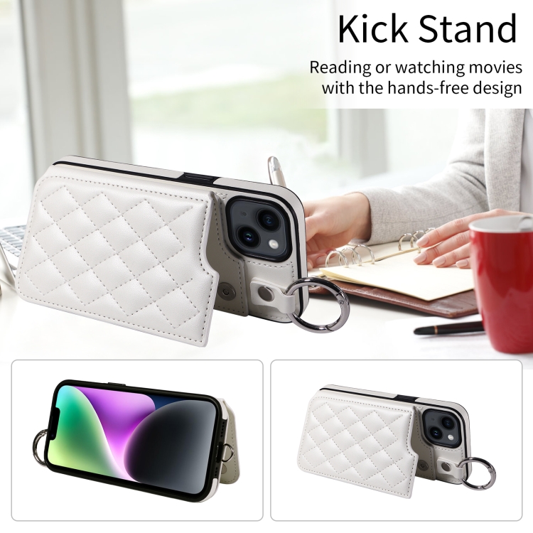 For iPhone 14 Rhombic Texture Card Bag Phone Case with Short Lanyard(White) - 5