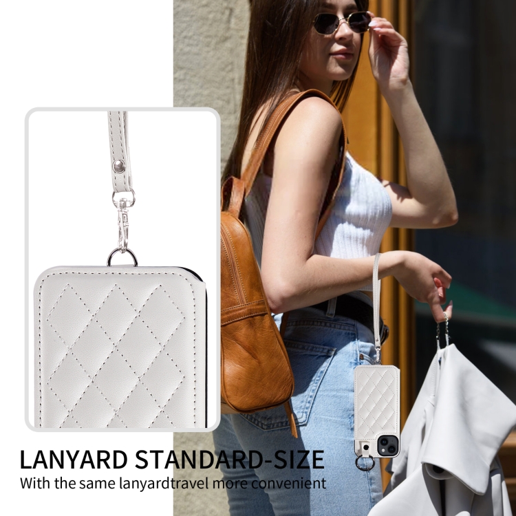 For iPhone 14 Rhombic Texture Card Bag Phone Case with Short Lanyard(White) - 7