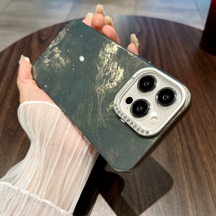 For iPhone 15 Pro Max Tinfoil Texture Diamond Lens Frame IMD Acrylic Phone Case(Black) - 1