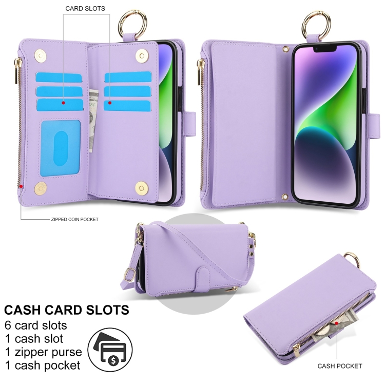 For iPhone 14 Plus Crossbody Ring Multifunctional Wallet Leather Phone Case(Purple) For iPhone 14 Plus Crossbody Ring Multifunctional Wallet Leather Phone Case(Purple)