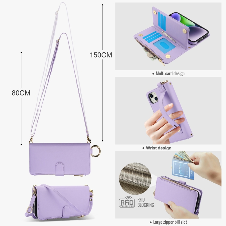 For iPhone 14 Plus Crossbody Ring Multifunctional Wallet Leather Phone Case(Purple) For iPhone 14 Plus Crossbody Ring Multifunctional Wallet Leather Phone Case(Purple)