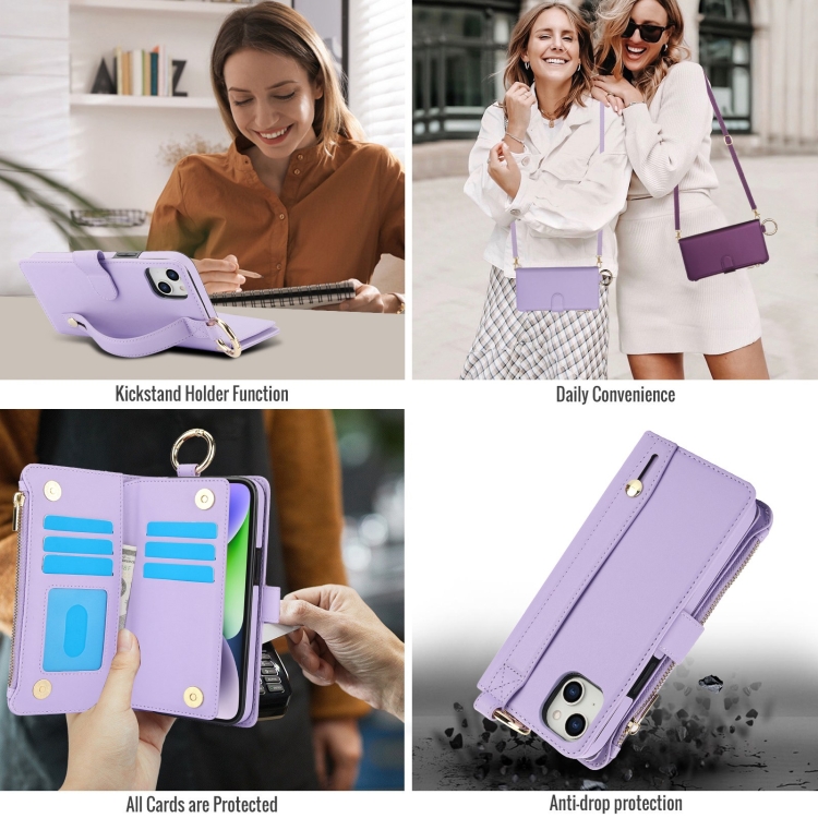 For iPhone 14 Plus Crossbody Ring Multifunctional Wallet Leather Phone Case(Purple) For iPhone 14 Plus Crossbody Ring Multifunctional Wallet Leather Phone Case(Purple)