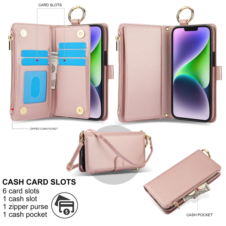 For iPhone 13 mini Crossbody Ring Multifunctional Wallet Leather Phone Case(Rose Gold) For iPhone 13 mini Crossbody Ring Multifunctional Wallet Leather Phone Case(Rose Gold)