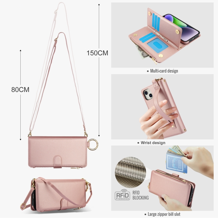 For iPhone 13 mini Crossbody Ring Multifunctional Wallet Leather Phone Case(Rose Gold) For iPhone 13 mini Crossbody Ring Multifunctional Wallet Leather Phone Case(Rose Gold)