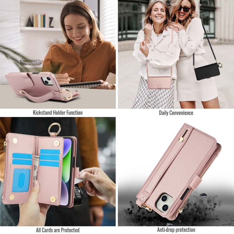 For iPhone 13 mini Crossbody Ring Multifunctional Wallet Leather Phone Case(Rose Gold) For iPhone 13 mini Crossbody Ring Multifunctional Wallet Leather Phone Case(Rose Gold)