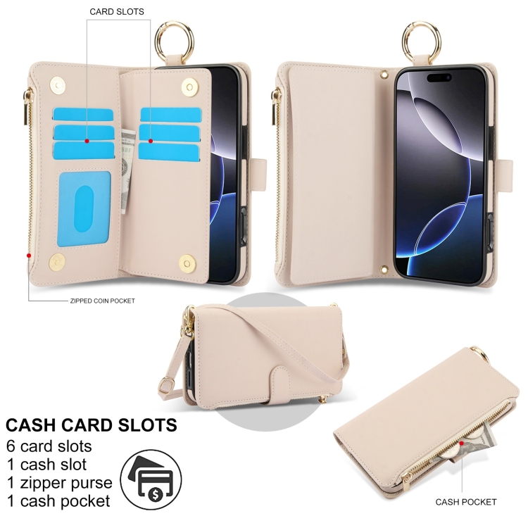 For iPhone 16 Pro Max Crossbody Ring Multifunctional Wallet Leather Phone Case(White) For iPhone 16 Pro Max Crossbody Ring Multifunctional Wallet Leather Phone Case(White)