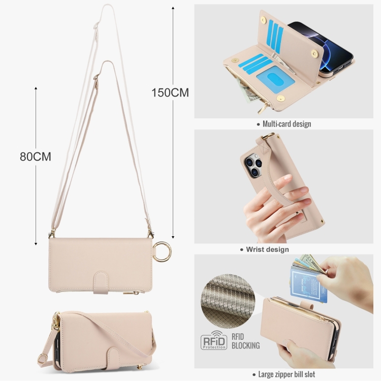 For iPhone 16 Pro Max Crossbody Ring Multifunctional Wallet Leather Phone Case(White) For iPhone 16 Pro Max Crossbody Ring Multifunctional Wallet Leather Phone Case(White)