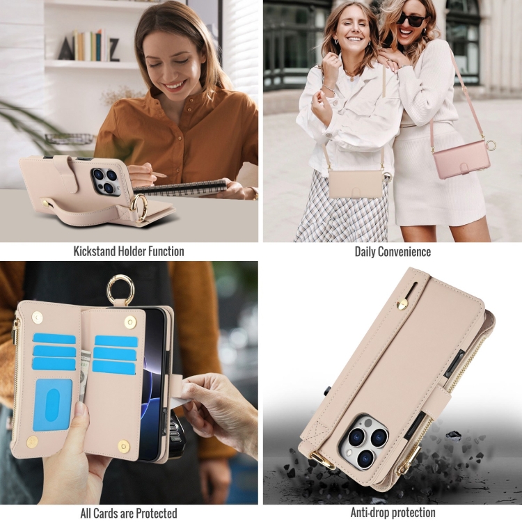 For iPhone 16 Pro Max Crossbody Ring Multifunctional Wallet Leather Phone Case(White) For iPhone 16 Pro Max Crossbody Ring Multifunctional Wallet Leather Phone Case(White)
