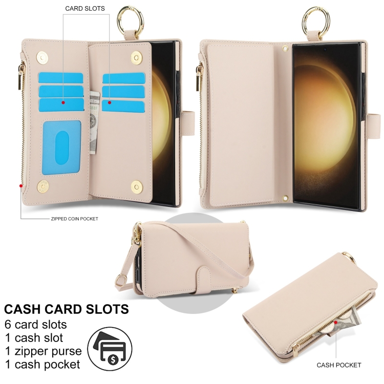 For Samsung Galaxy S23 Ultra 5G Crossbody Ring Multifunctional Wallet Leather Phone Case(White)