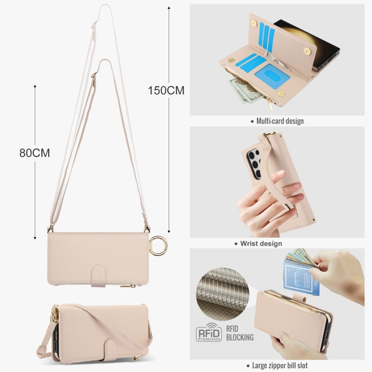 For Samsung Galaxy S23 Ultra 5G Crossbody Ring Multifunctional Wallet Leather Phone Case(White)