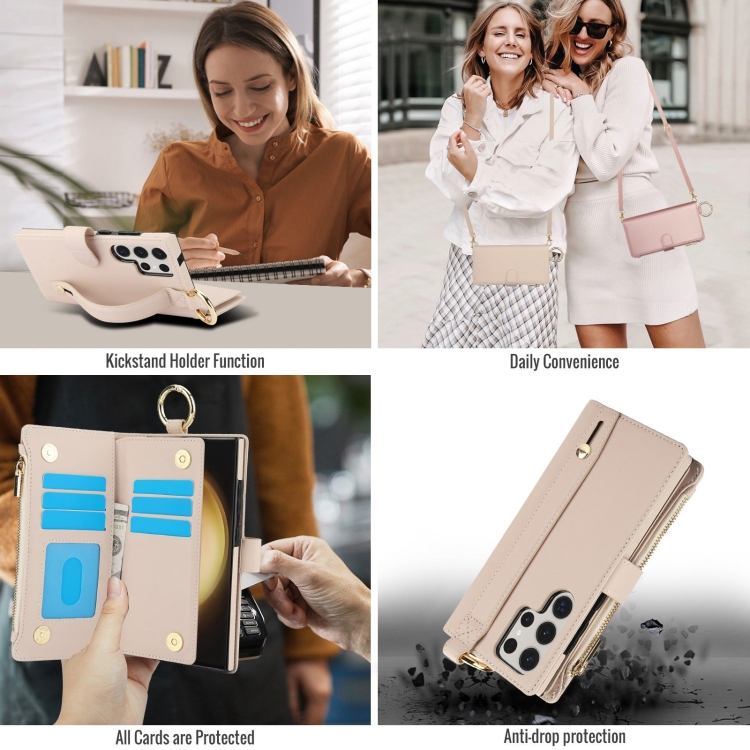 For Samsung Galaxy S23 Ultra 5G Crossbody Ring Multifunctional Wallet Leather Phone Case(White)
