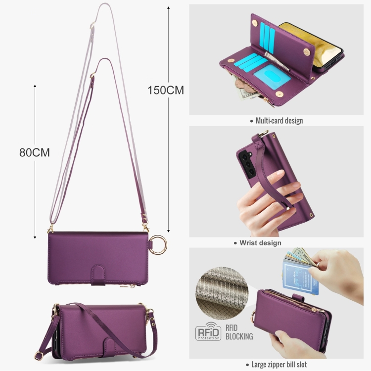 For Samsung Galaxy S22 5G Crossbody Ring Multifunctional Wallet Leather Phone Case(Dark Purple) For Samsung Galaxy S22 5G Crossbody Ring Multifunctional Wallet Leather Phone Case(Dark Purple)