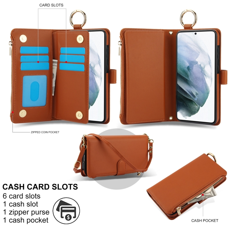 For Samsung Galaxy S21 5G Crossbody Ring Multifunctional Wallet Leather Phone Case(Brown) For Samsung Galaxy S21 5G Crossbody Ring Multifunctional Wallet Leather Phone Case(Brown)