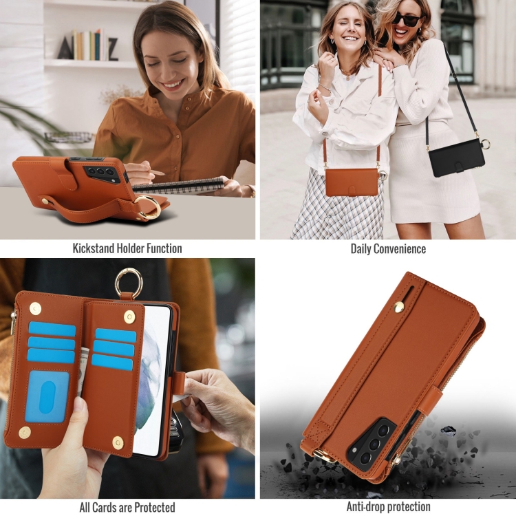 For Samsung Galaxy S21 5G Crossbody Ring Multifunctional Wallet Leather Phone Case(Brown) For Samsung Galaxy S21 5G Crossbody Ring Multifunctional Wallet Leather Phone Case(Brown)