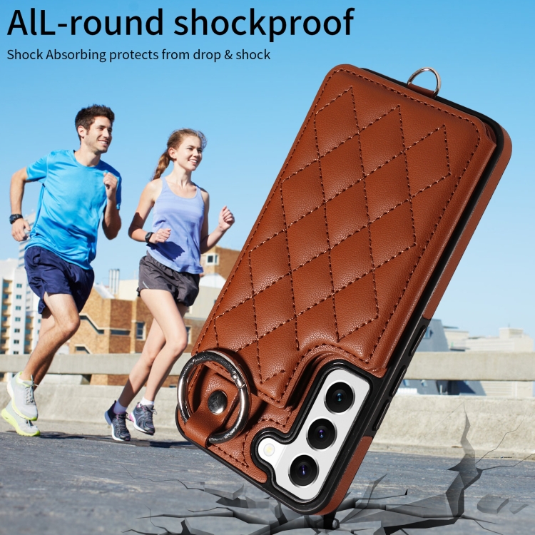 For Samsung Galaxy S22 5G Rhombic Texture Card Bag Phone Case with Short Lanyard(Brown)