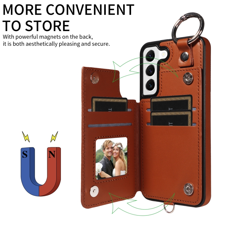 For Samsung Galaxy S22 5G Rhombic Texture Card Bag Phone Case with Short Lanyard(Brown)