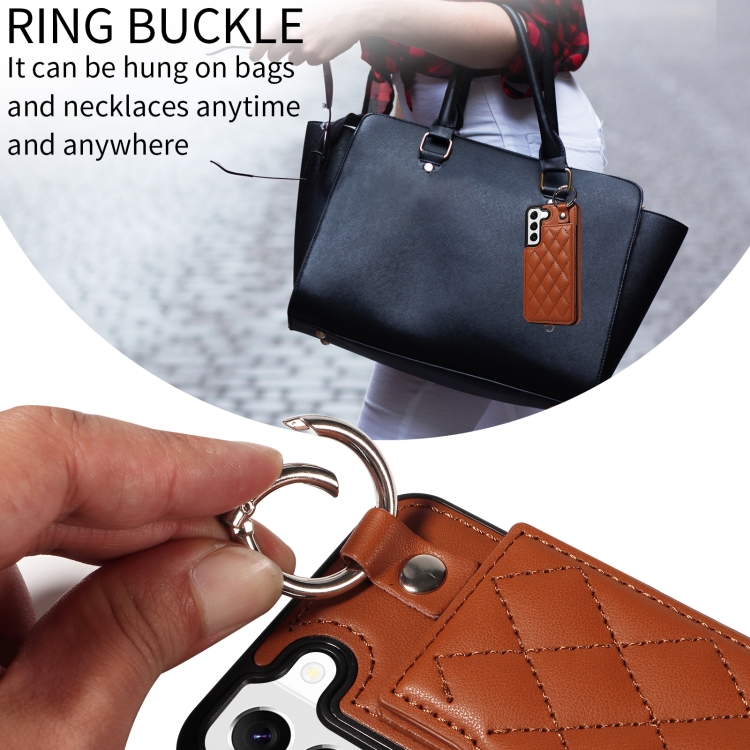 For Samsung Galaxy S22 5G Rhombic Texture Card Bag Phone Case with Short Lanyard(Brown)