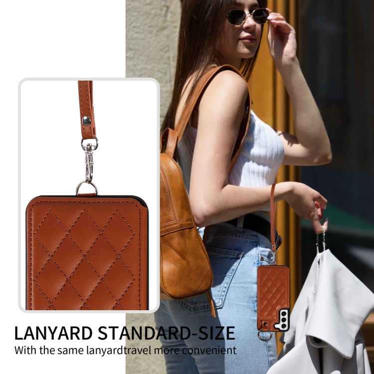 For Samsung Galaxy S22 5G Rhombic Texture Card Bag Phone Case with Short Lanyard(Brown)