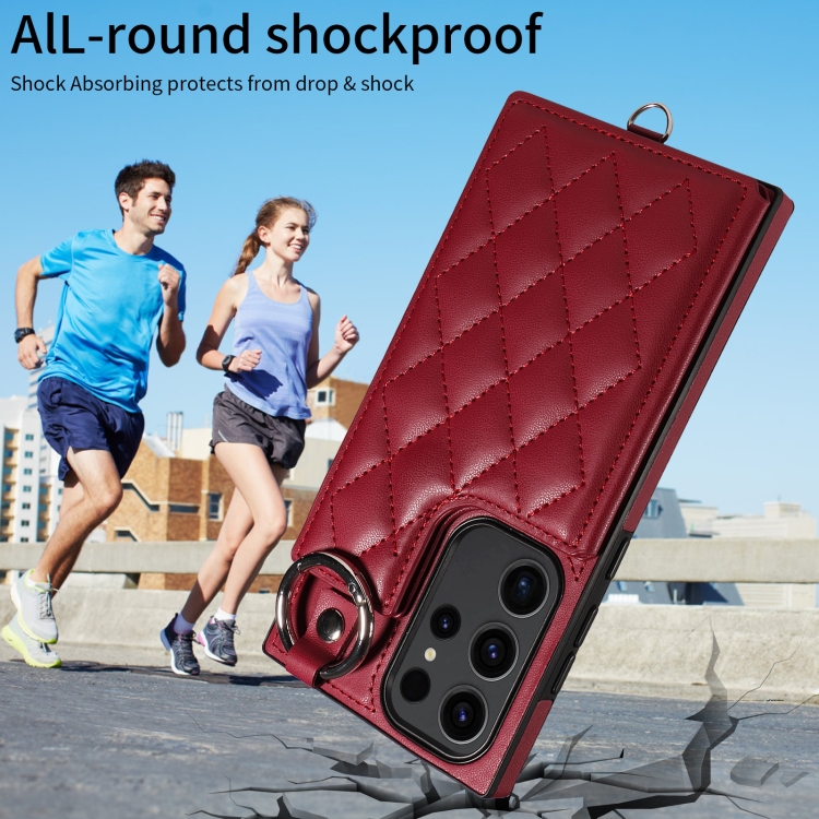 Samsung Galaxy S23 Ultra 5G Rhombic Texture Card Bag Phone Case with Short Lanyard(Wine Red)