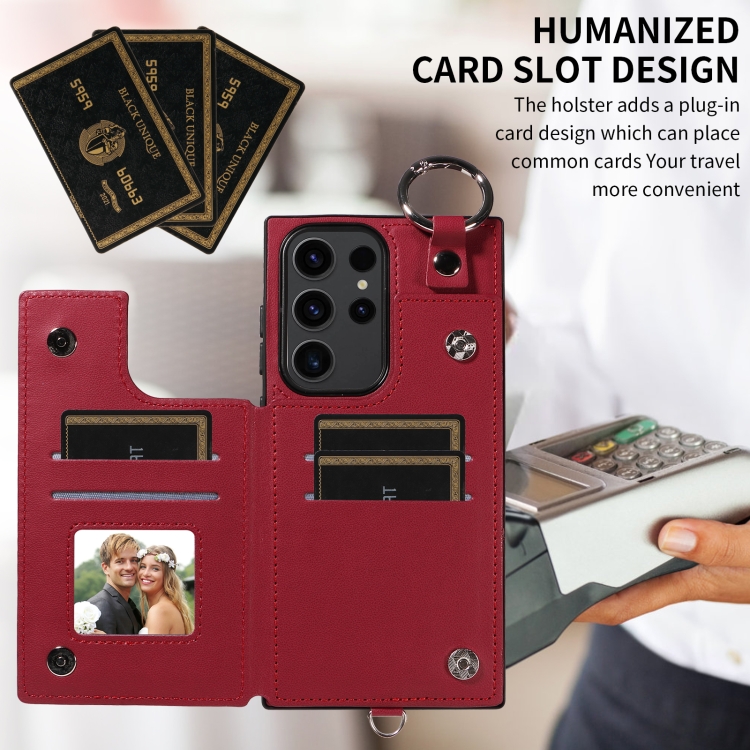 Samsung Galaxy S23 Ultra 5G Rhombic Texture Card Bag Phone Case with Short Lanyard(Wine Red)
