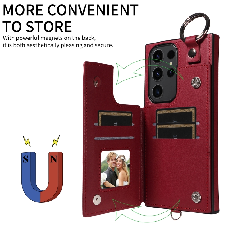 Samsung Galaxy S23 Ultra 5G Rhombic Texture Card Bag Phone Case with Short Lanyard(Wine Red)
