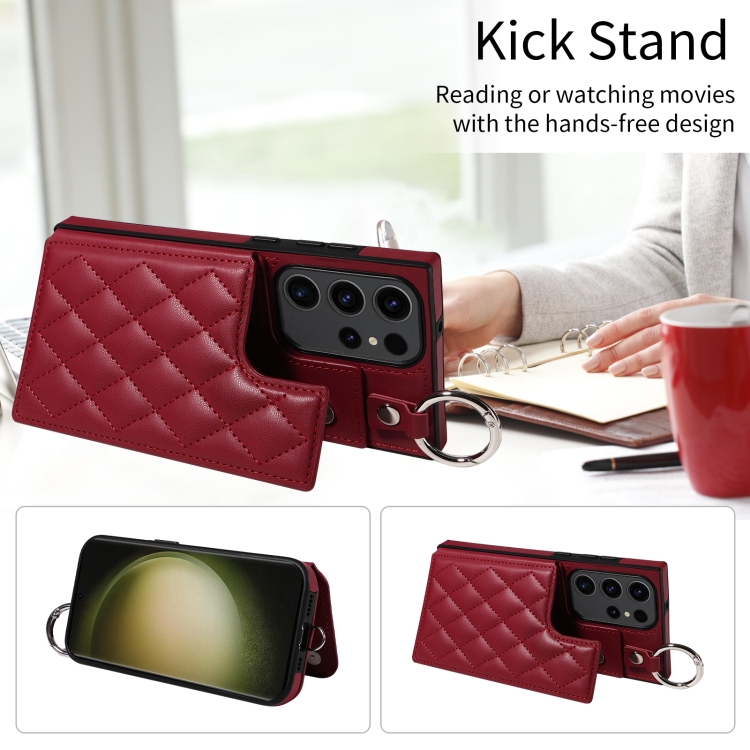 Samsung Galaxy S23 Ultra 5G Rhombic Texture Card Bag Phone Case with Short Lanyard(Wine Red)