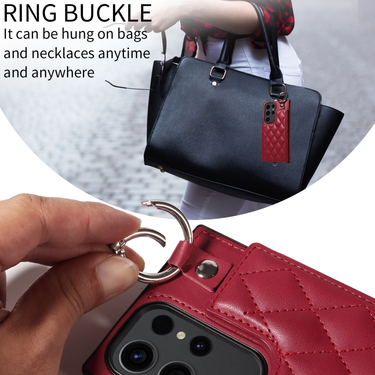 Samsung Galaxy S23 Ultra 5G Rhombic Texture Card Bag Phone Case with Short Lanyard(Wine Red)