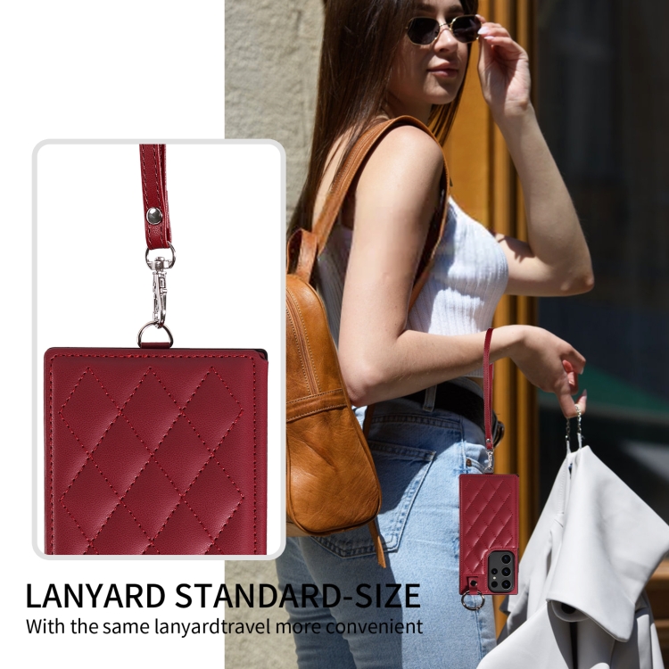 Samsung Galaxy S23 Ultra 5G Rhombic Texture Card Bag Phone Case with Short Lanyard(Wine Red)