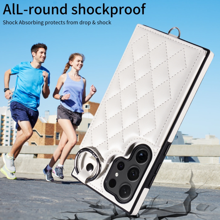 For Samsung Galaxy S24 Ultra 5G Rhombic Texture Card Bag Phone Case with Short Lanyard(White) For Samsung Galaxy S24 Ultra 5G Rhombic Texture Card Bag Phone Case with Short Lanyard(White)