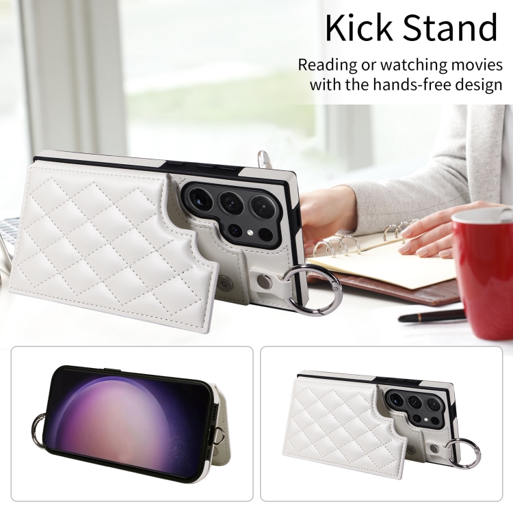 For Samsung Galaxy S24 Ultra 5G Rhombic Texture Card Bag Phone Case with Short Lanyard(White) For Samsung Galaxy S24 Ultra 5G Rhombic Texture Card Bag Phone Case with Short Lanyard(White)