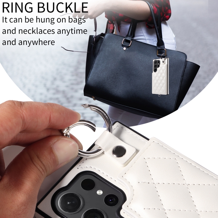 For Samsung Galaxy S24 Ultra 5G Rhombic Texture Card Bag Phone Case with Short Lanyard(White) For Samsung Galaxy S24 Ultra 5G Rhombic Texture Card Bag Phone Case with Short Lanyard(White)